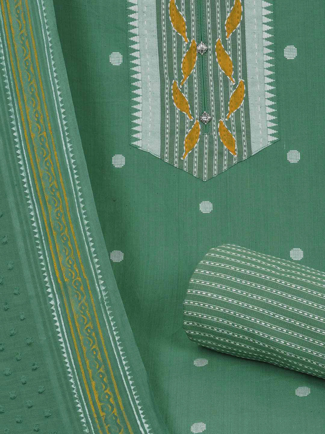 3-piece unstitched set featuring a dobby butti top with hand-done detailing and artisanal block prints.(Green)