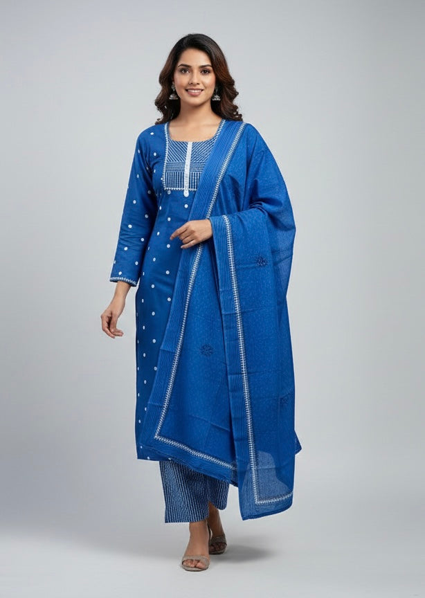 3-piece suit set featuring a dobby butti top with delicate handwork and striped yoke.(Blue)