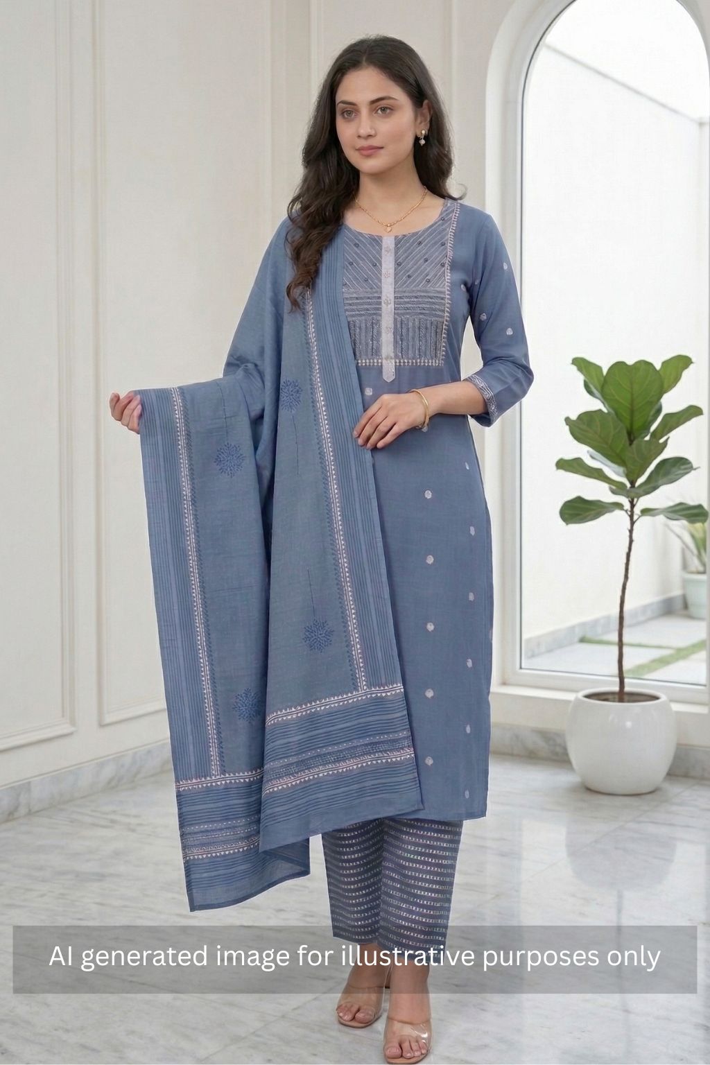 3-piece unstitched suit set featuring a dobby butti top with delicate handwork and striped yoke.(Blue)