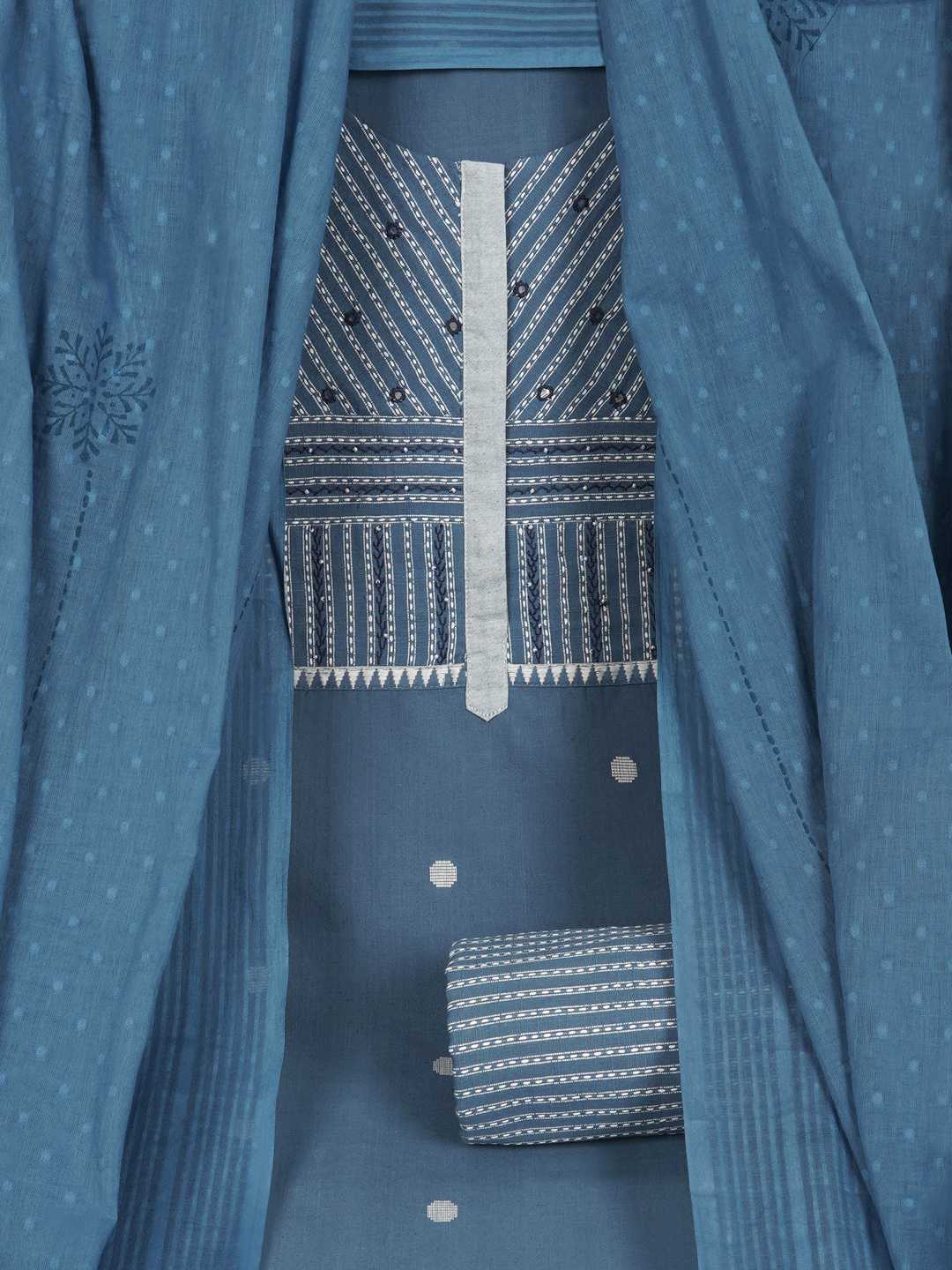 3-piece suit set featuring a dobby butti top with delicate handwork and striped yoke.(Blue)