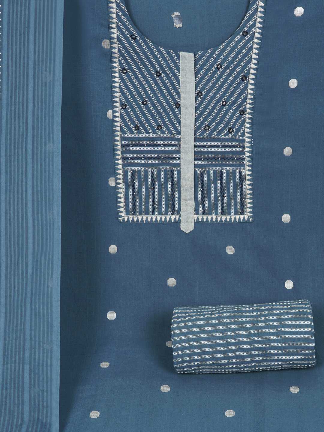 3-piece suit set featuring a dobby butti top with delicate handwork and striped yoke.(Blue)