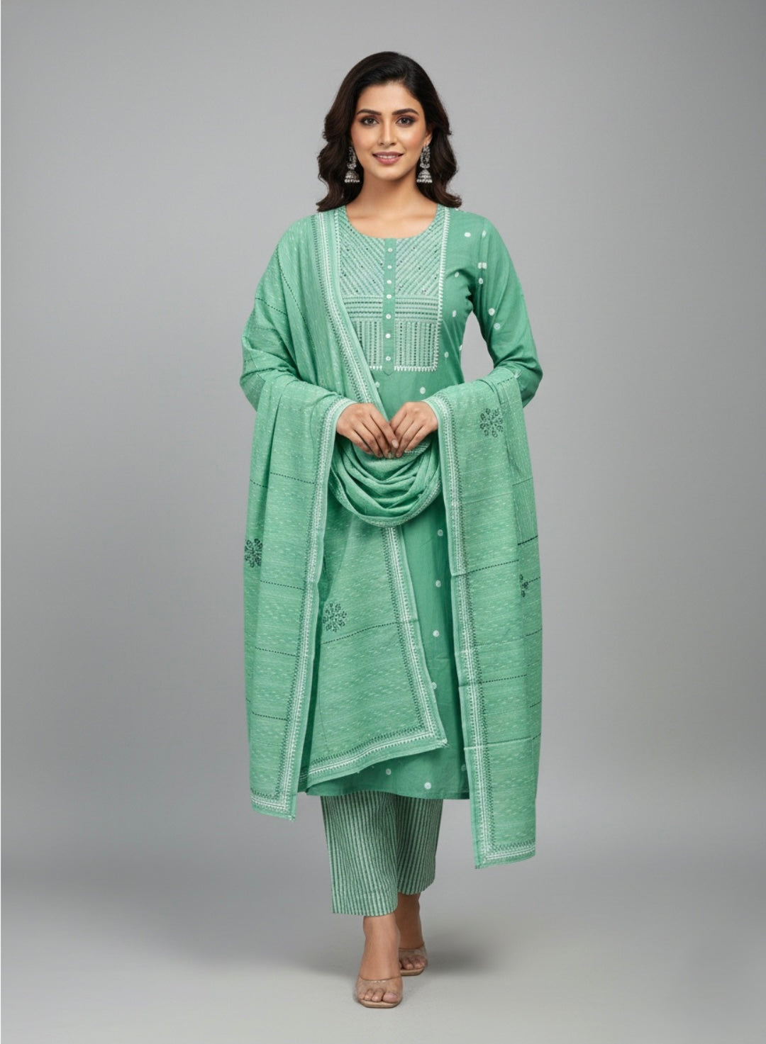 3-piece suit set featuring a dobby butti top with delicate handwork and striped yoke.(Green)