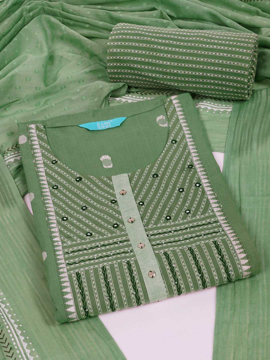 3-piece suit set featuring a dobby butti top with delicate handwork and striped yoke.(Green)