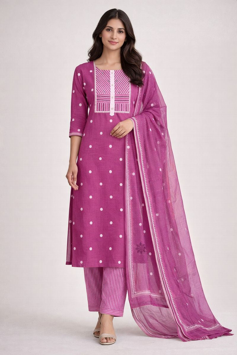 3-piece unstitched suit set featuring a dobby butti top with delicate handwork and striped yoke.(Pink)
