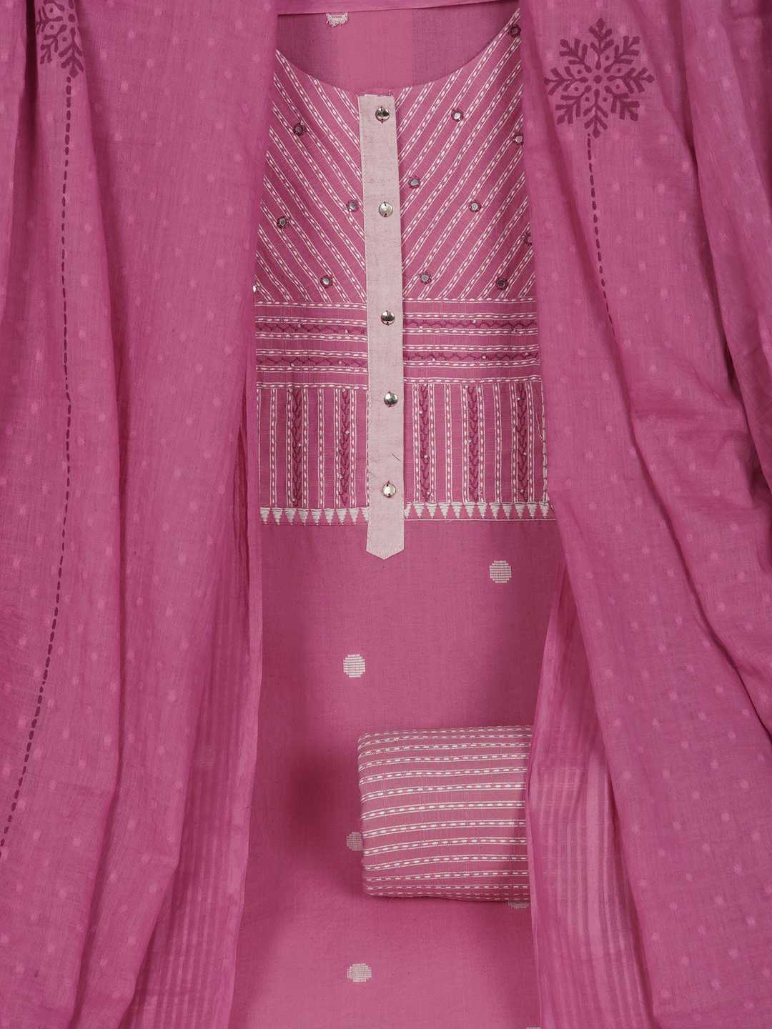 3-piece suit set featuring a dobby butti top with delicate handwork and striped yoke.(Pink)