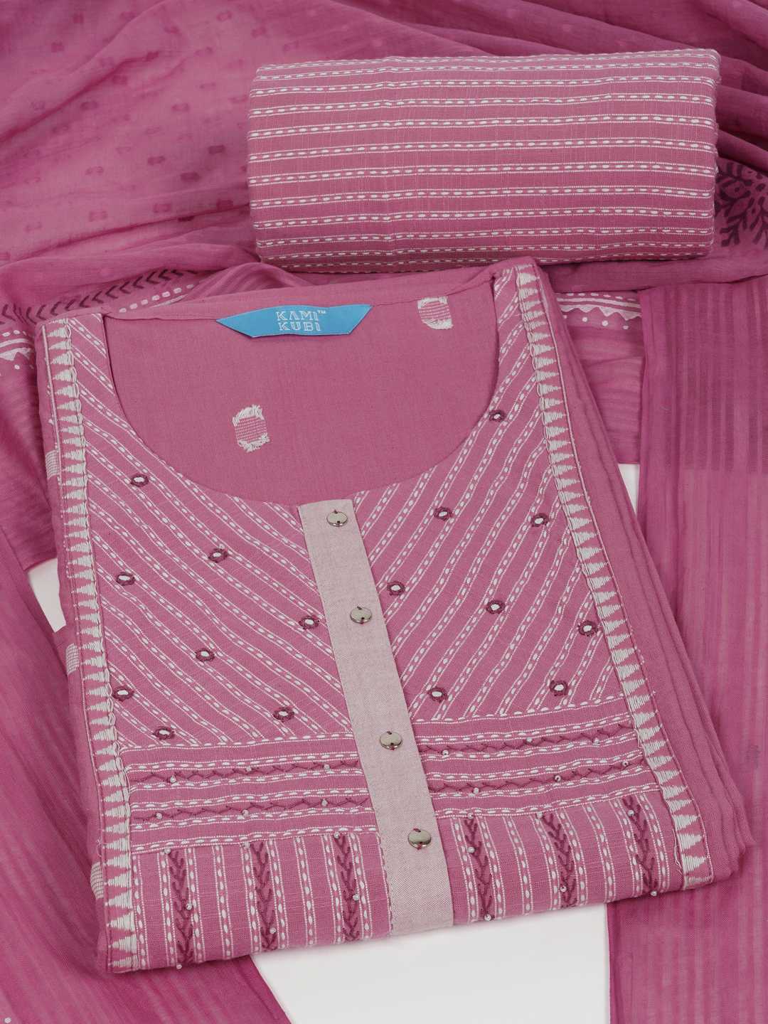 3-piece suit set featuring a dobby butti top with delicate handwork and striped yoke.(Pink)