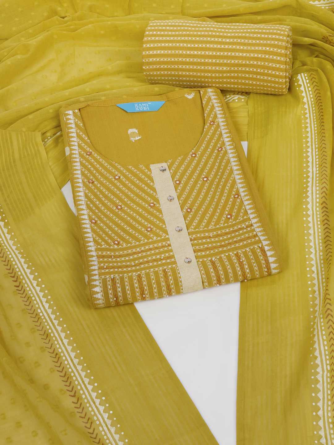 3-piece suit set featuring a dobby butti top with delicate handwork and striped yoke.(Yellow)