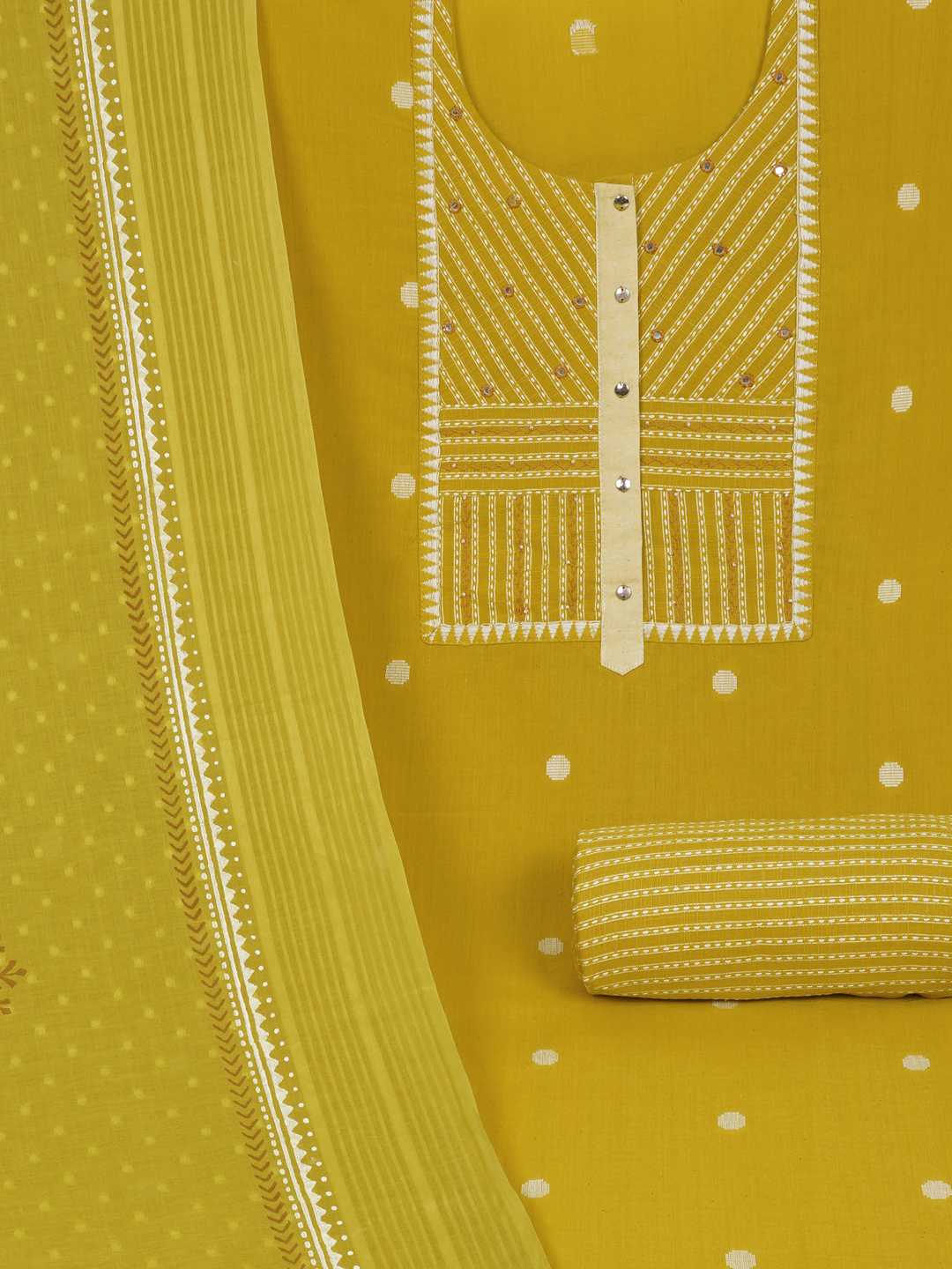 3-piece suit set featuring a dobby butti top with delicate handwork and striped yoke.(Yellow)