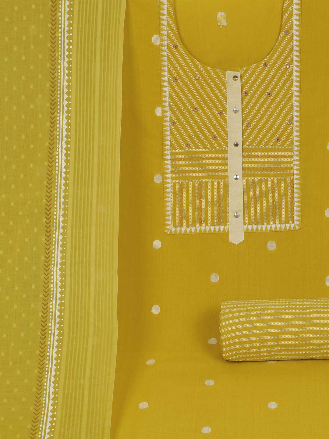 3-piece suit set featuring a dobby butti top with delicate handwork and striped yoke.(Yellow)