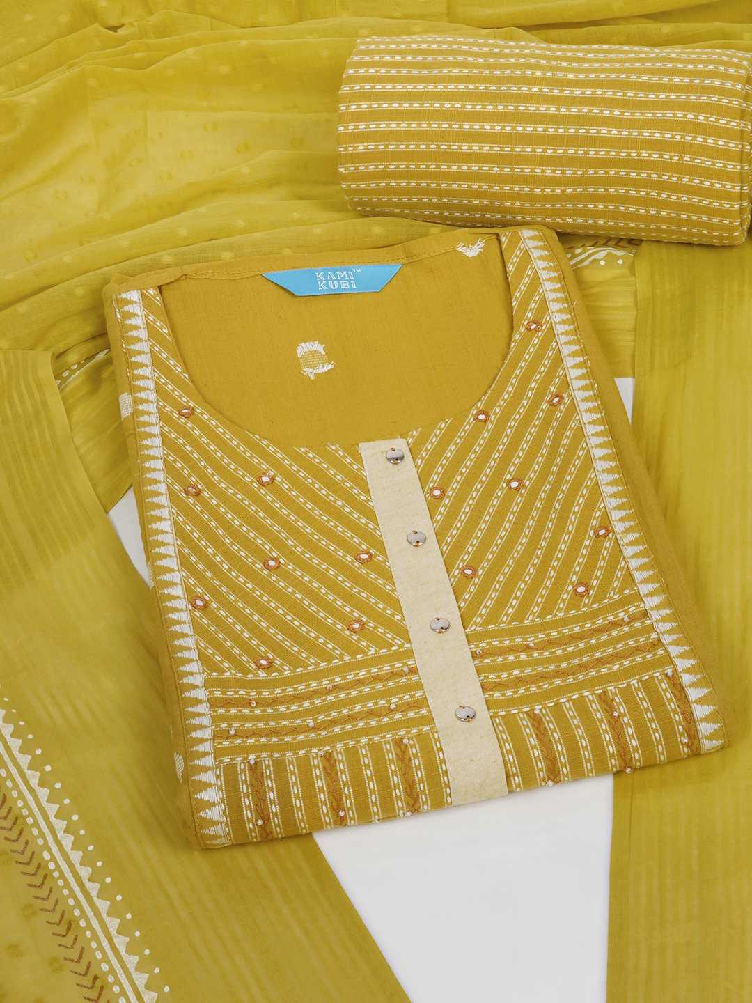 3-piece suit set featuring a dobby butti top with delicate handwork and striped yoke.(Yellow)