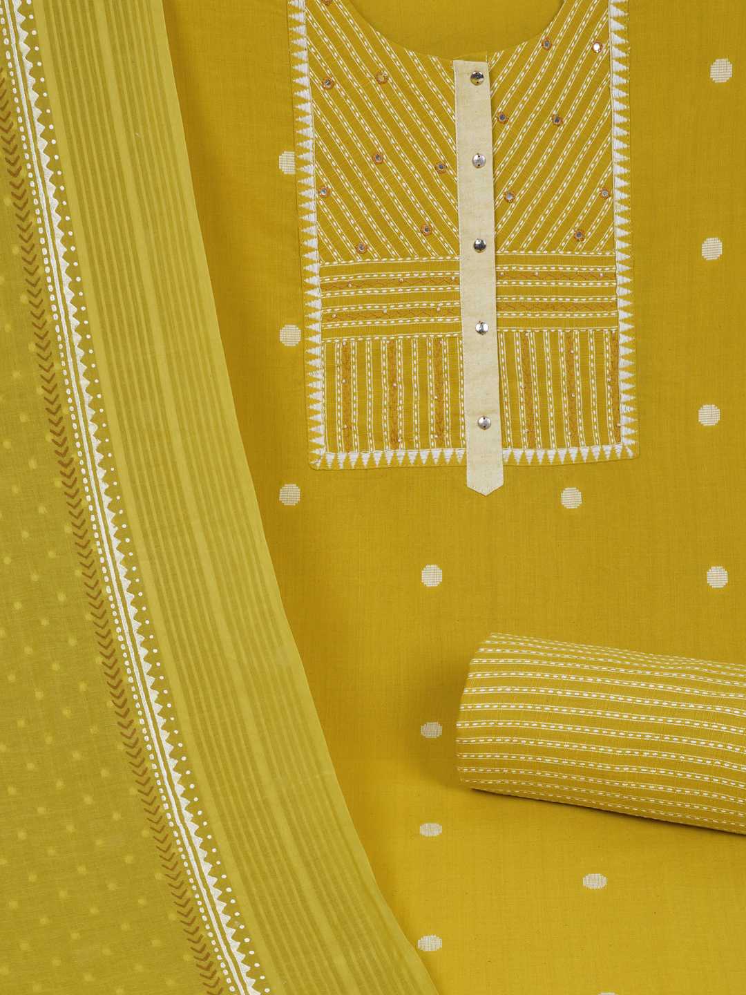 3-piece suit set featuring a dobby butti top with delicate handwork and striped yoke.(Yellow)