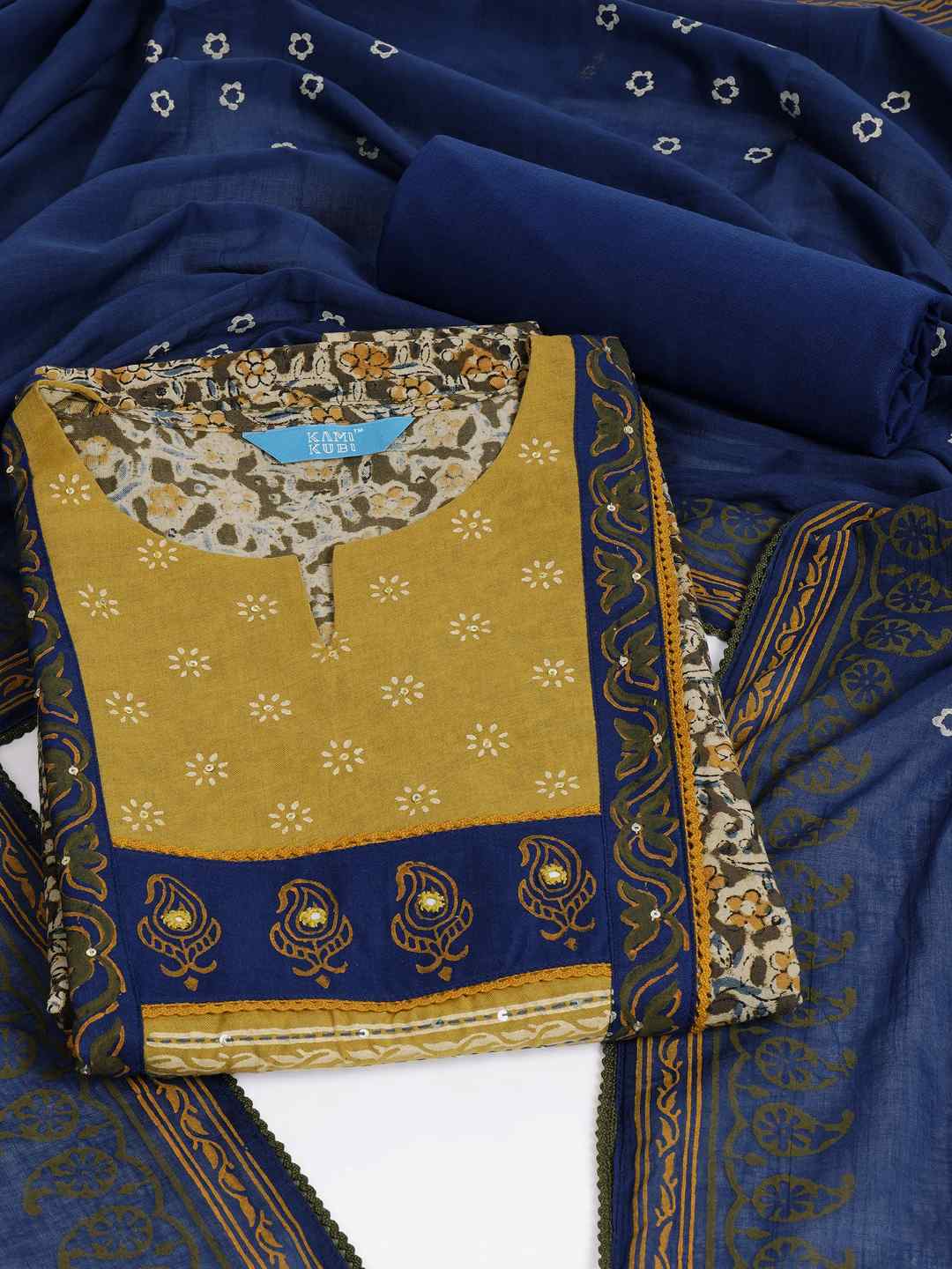 Kalamkari Printed Dress Material enhanced with lace detailing and handwork.(Yellow)