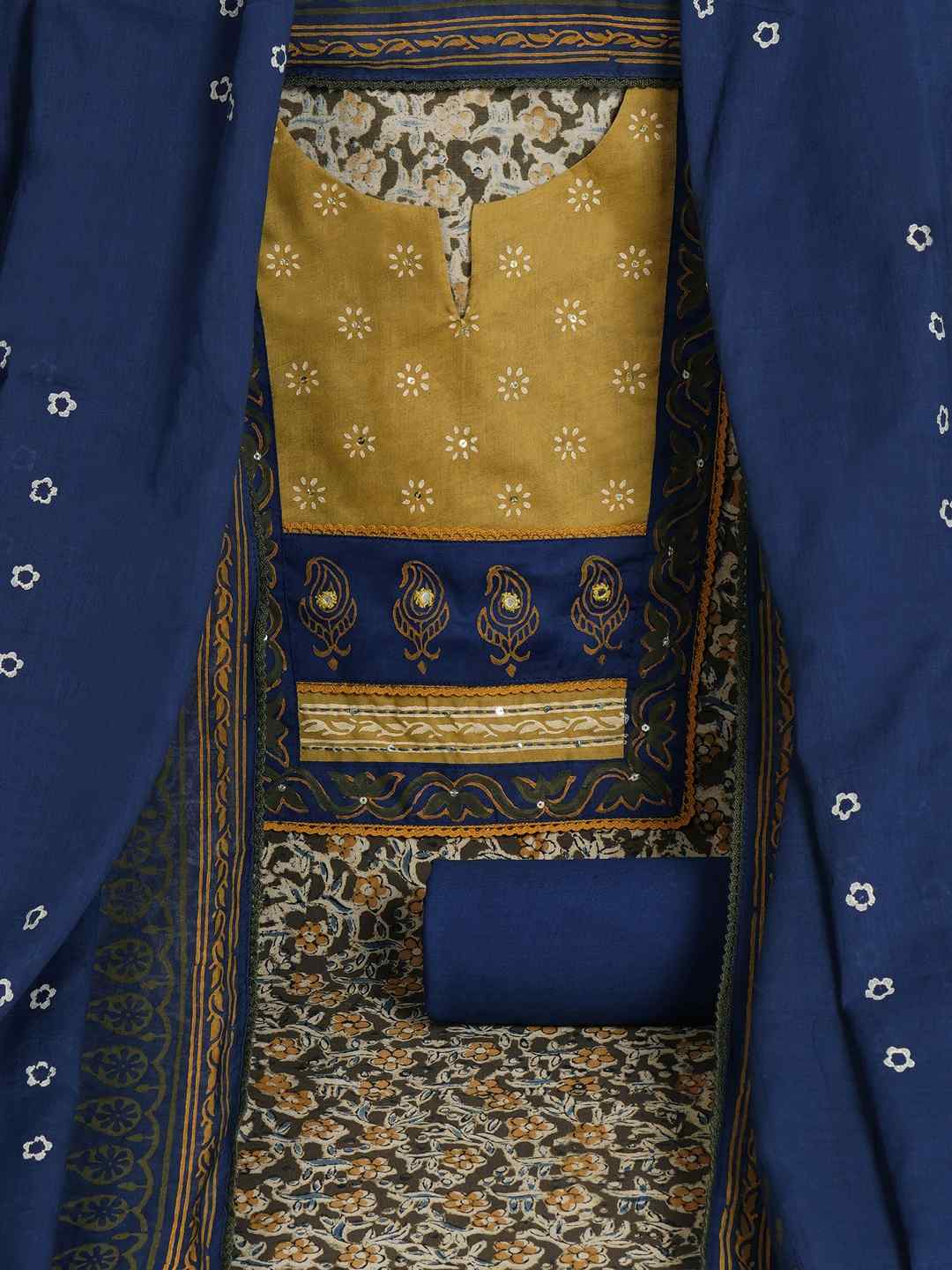 Kalamkari Printed Dress Material enhanced with lace detailing and handwork.(Yellow)
