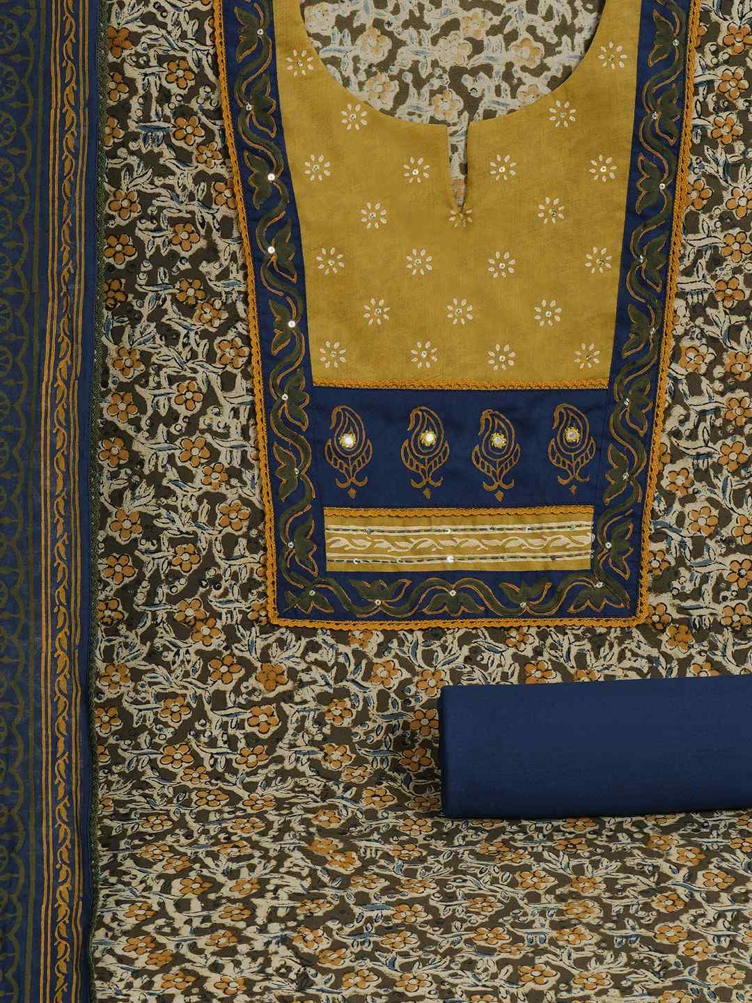 Kalamkari Printed Dress Material enhanced with lace detailing and handwork.(Yellow)