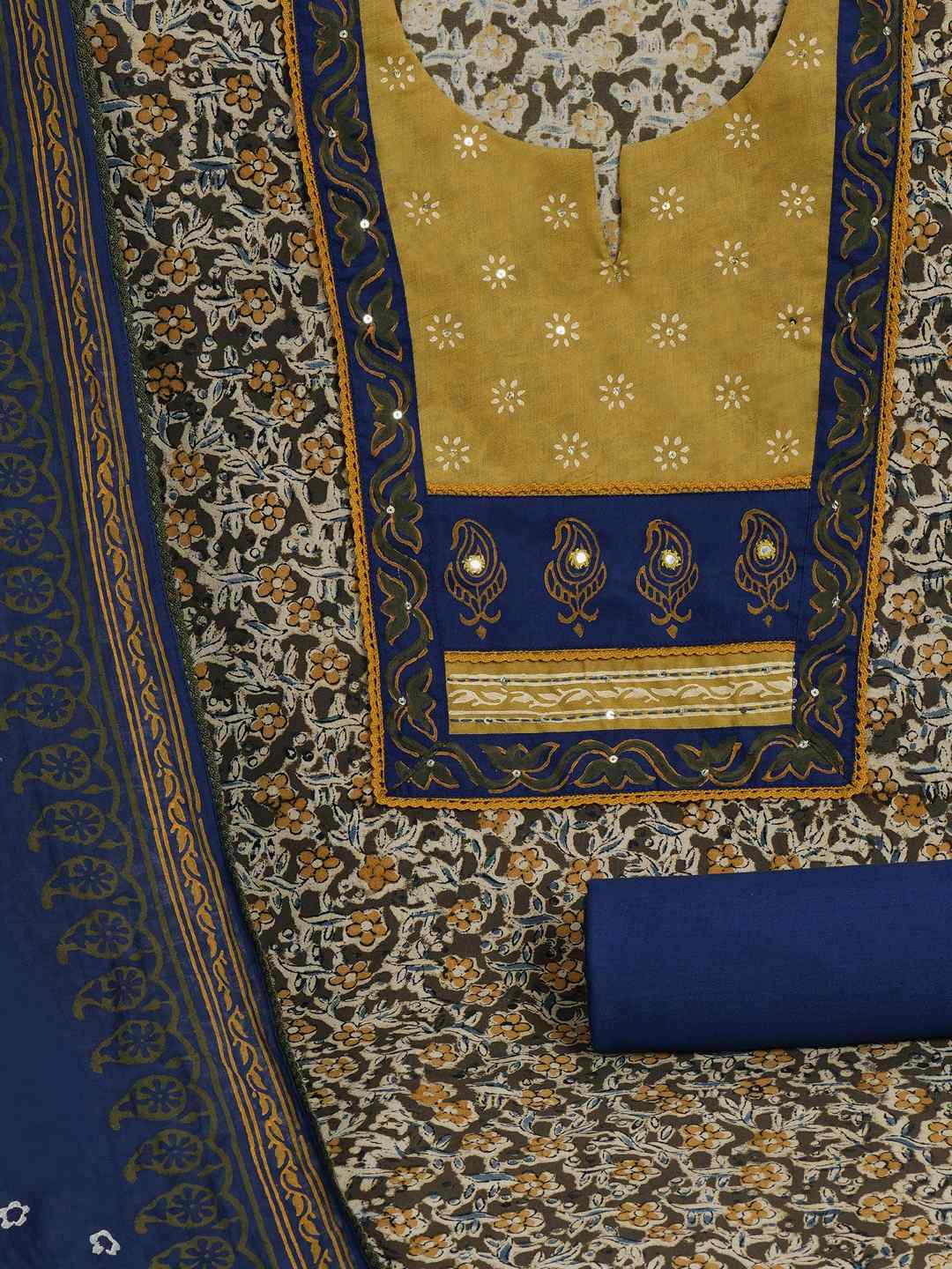 Kalamkari Printed Dress Material enhanced with lace detailing and handwork.(Yellow)