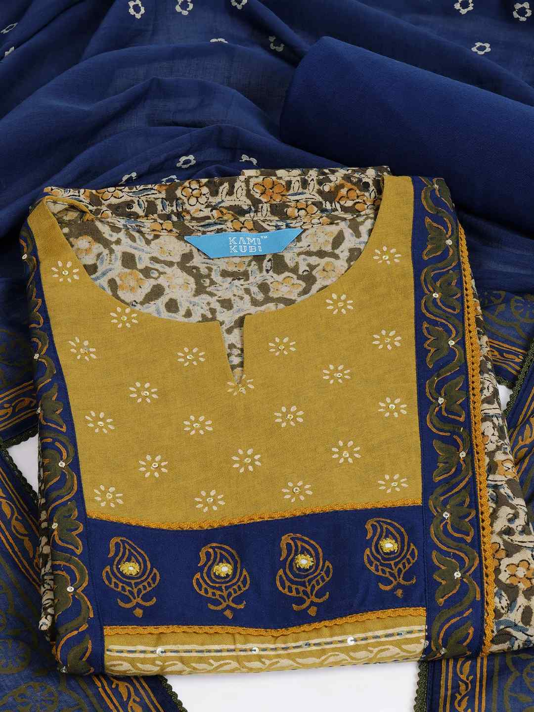 Kalamkari Printed Dress Material enhanced with lace detailing and handwork.(Yellow)