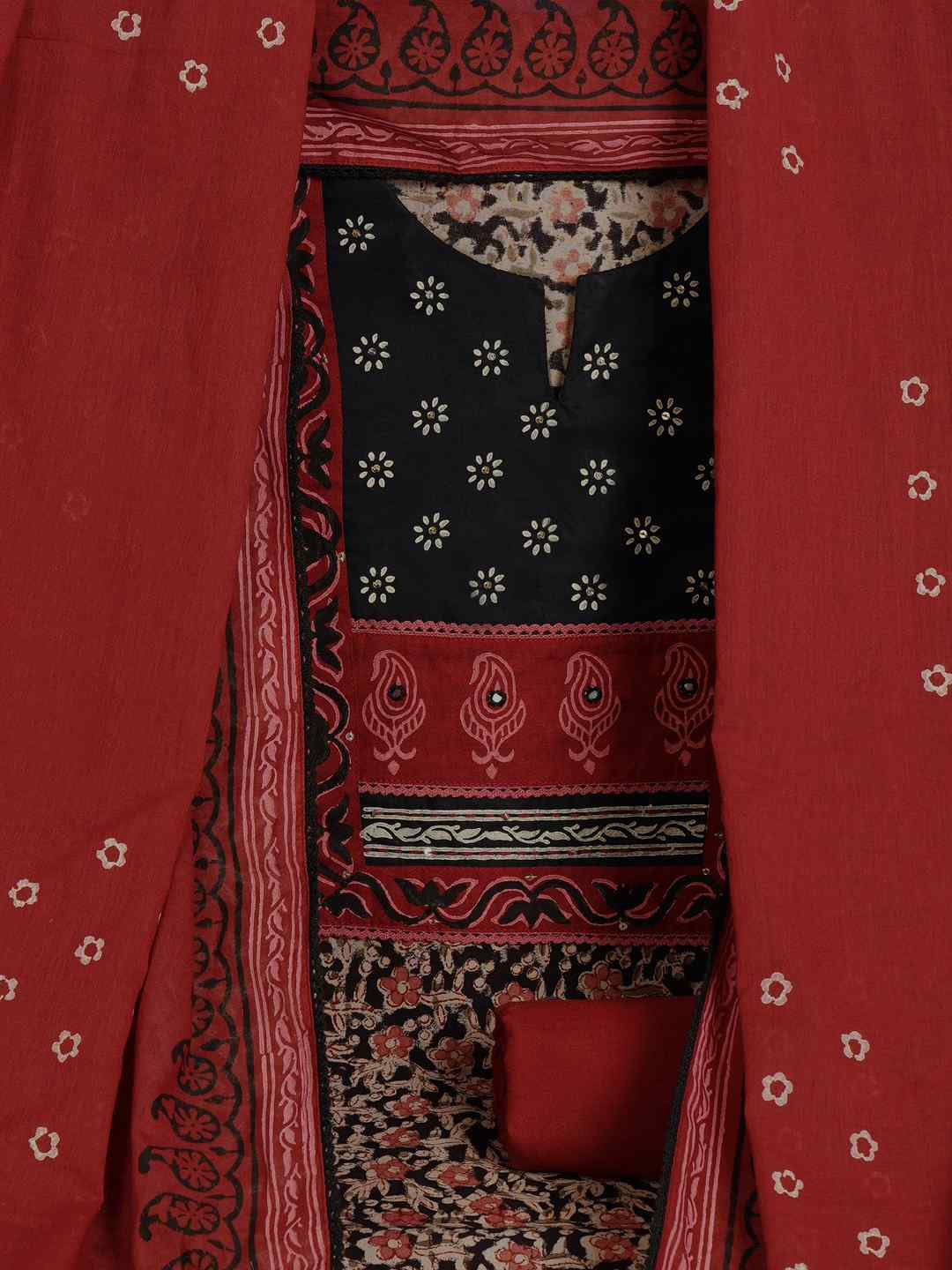 Kalamkari Printed Dress Material enhanced with lace detailing and handwork.(Black)