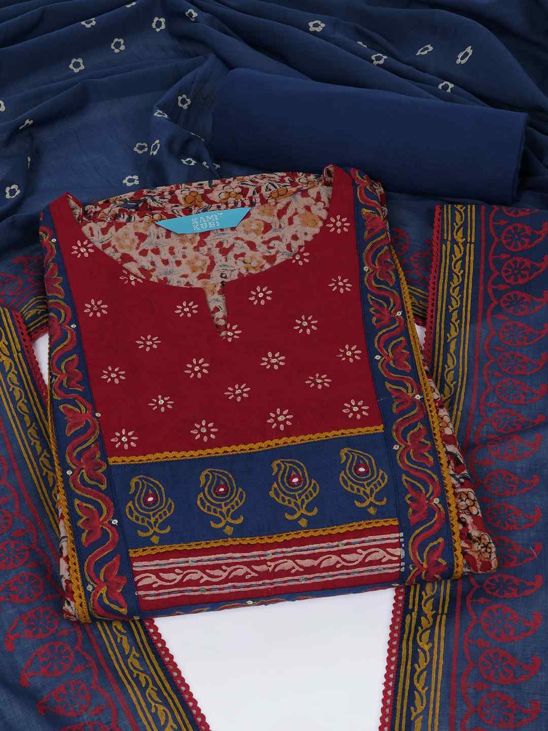 Kalamkari Printed Dress Material enhanced with lace detailing and handwork.(Maroon)
