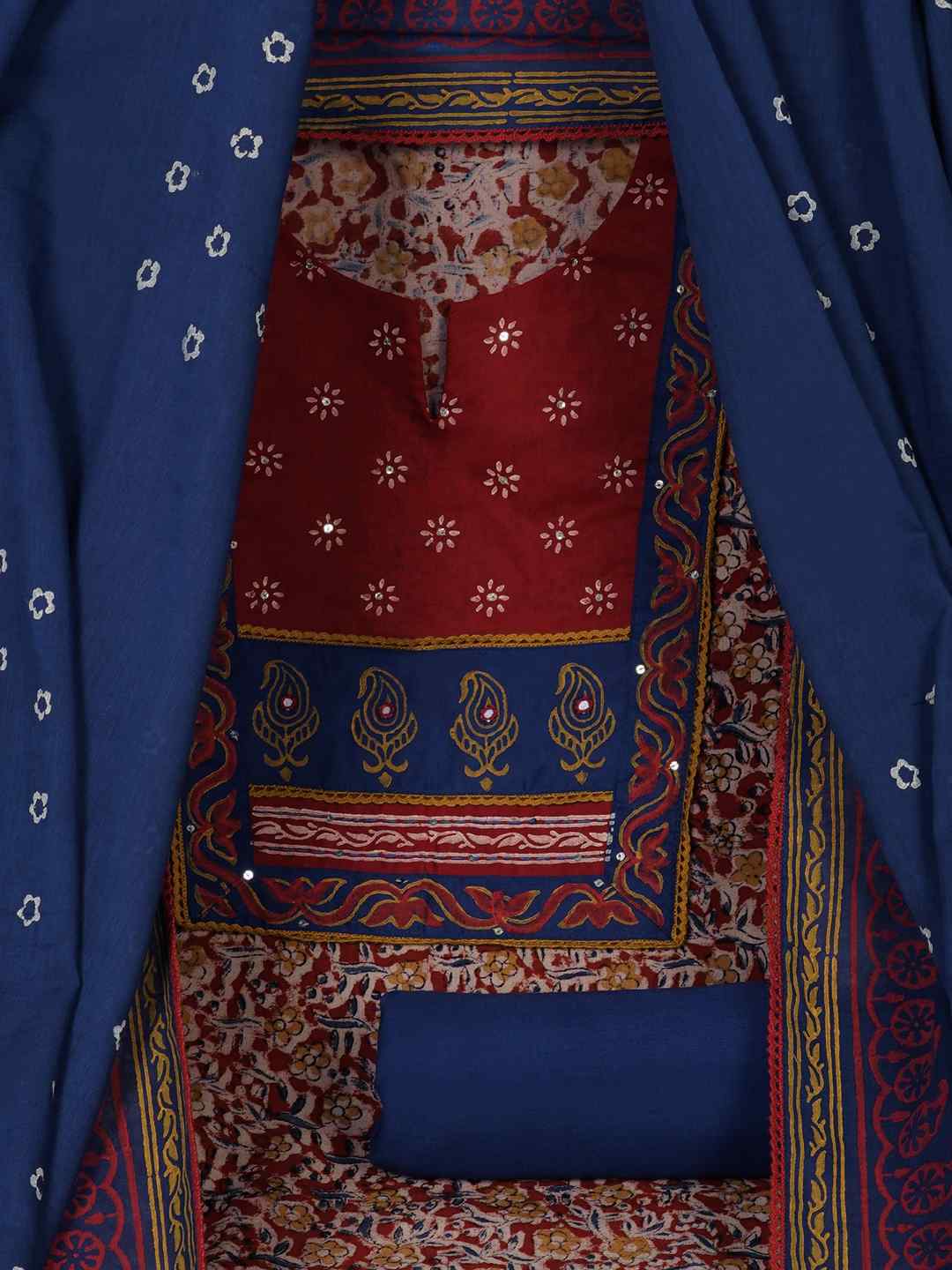Kalamkari Printed Dress Material enhanced with lace detailing and handwork.(Maroon)