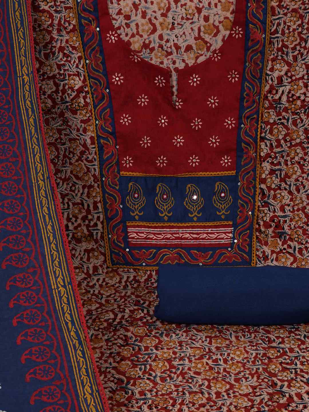 Kalamkari Printed Dress Material enhanced with lace detailing and handwork.(Maroon)