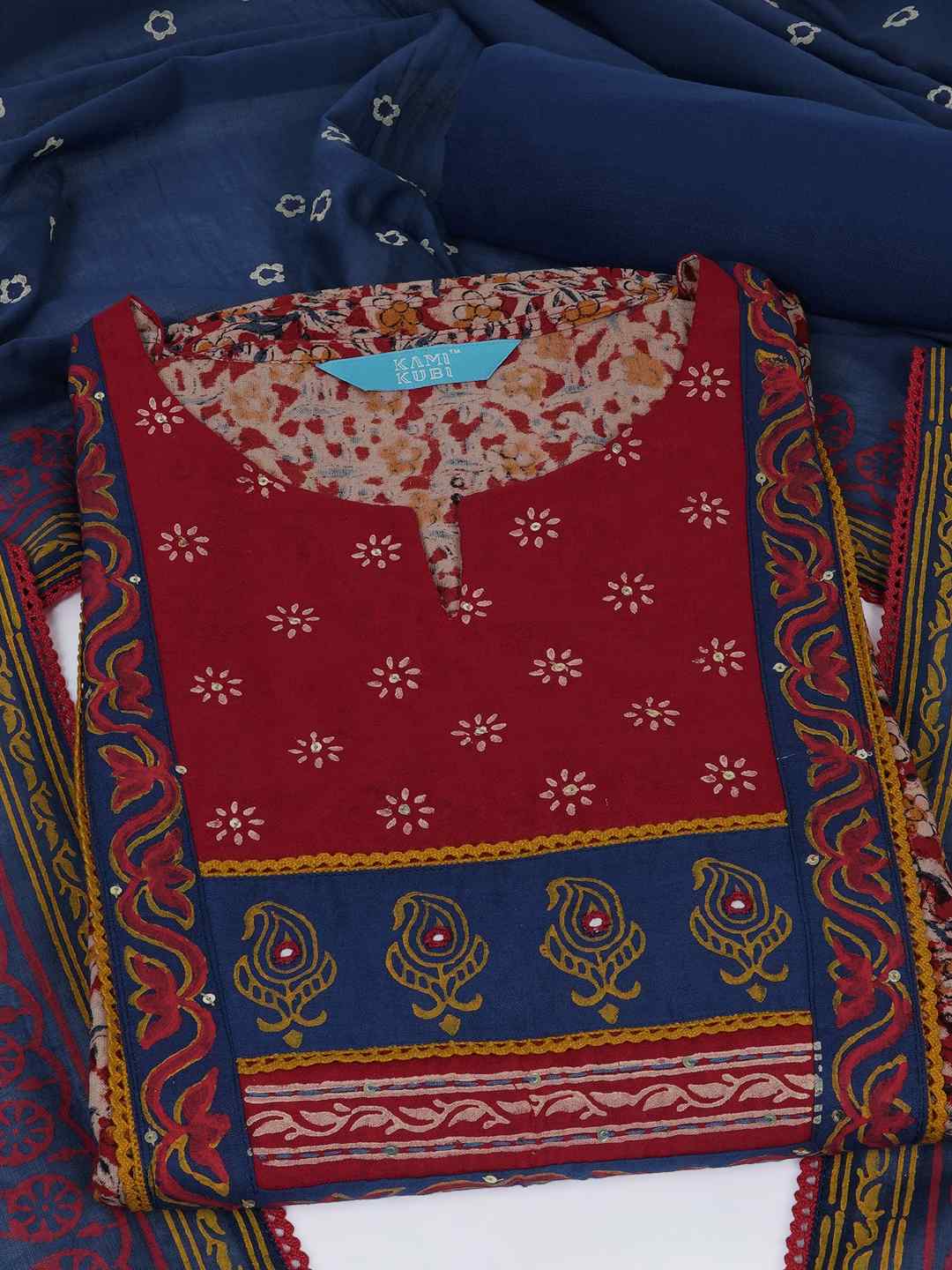 Kalamkari Printed Dress Material enhanced with lace detailing and handwork.(Maroon)