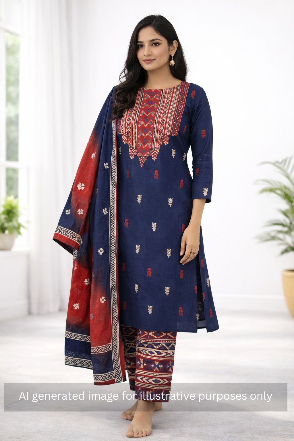 3-piece unstitched suit set featuring a butti-printed kurta with coordinated yoke detailing.