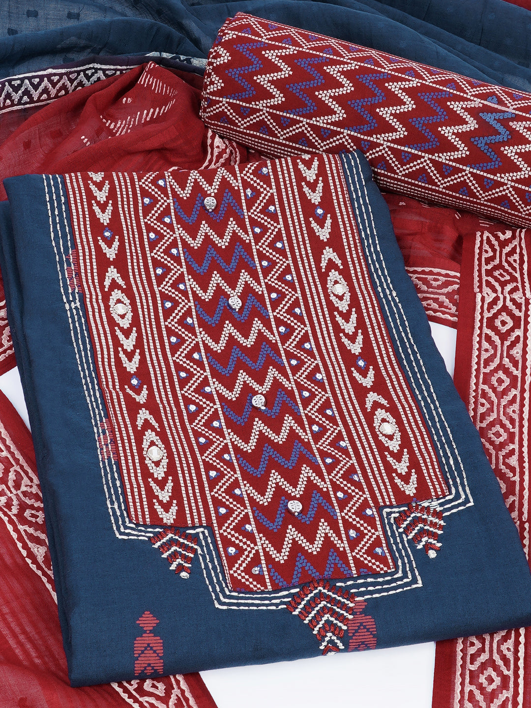 3-piece unstitched suit set featuring a butti-printed kurta with coordinated yoke detailing.