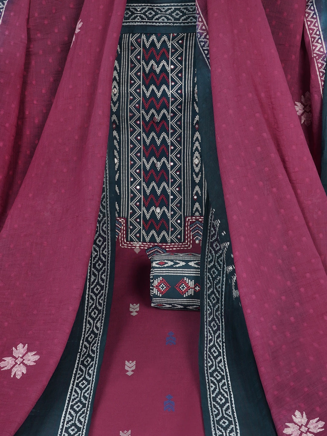 3-piece unstitched suit set featuring a butti-printed kurta with coordinated yoke detailing.