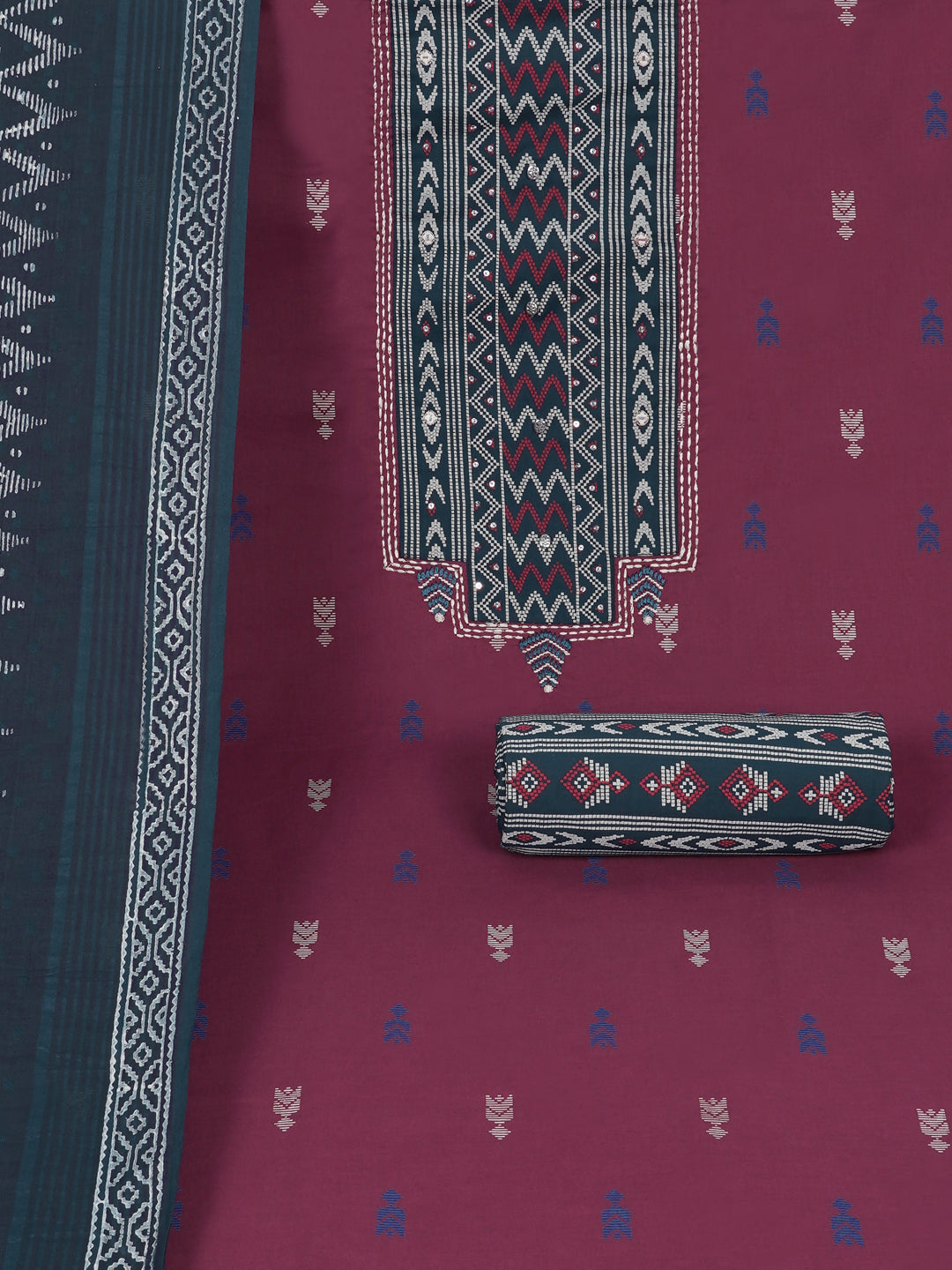 3-piece unstitched suit set featuring a butti-printed kurta with coordinated yoke detailing.