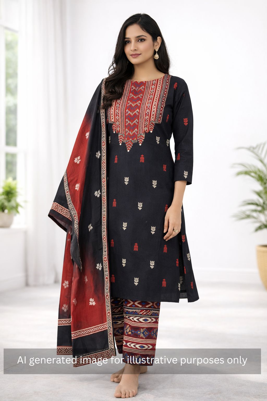 3-piece unstitched suit set featuring a butti-printed kurta with coordinated yoke detailing.