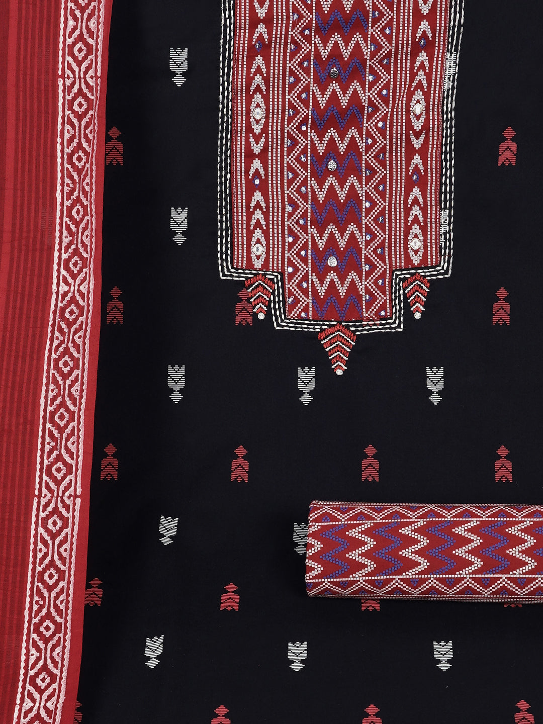 3-piece unstitched suit set featuring a butti-printed kurta with coordinated yoke detailing.