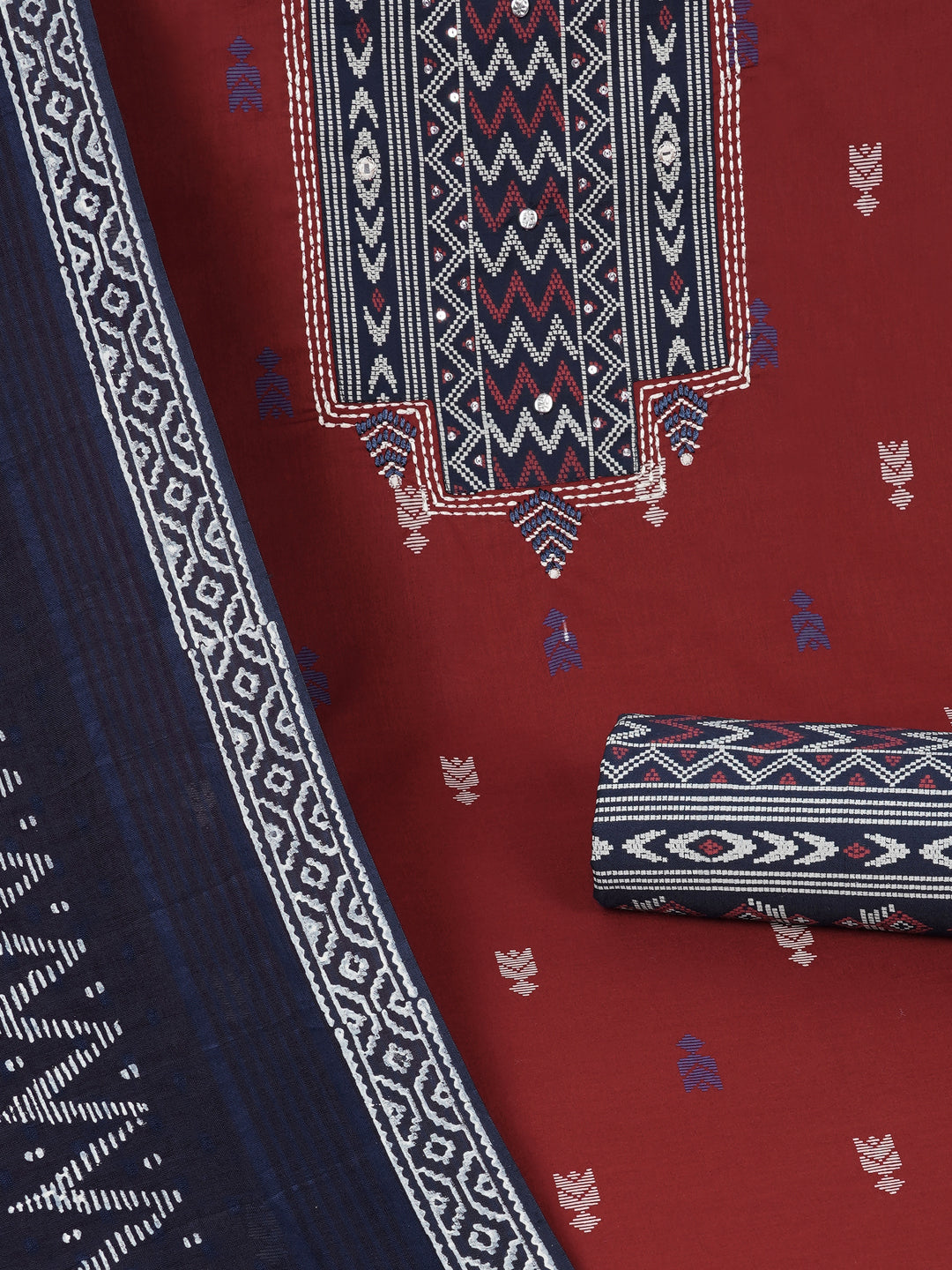3-piece unstitched suit set featuring a butti-printed kurta with coordinated yoke detailing.