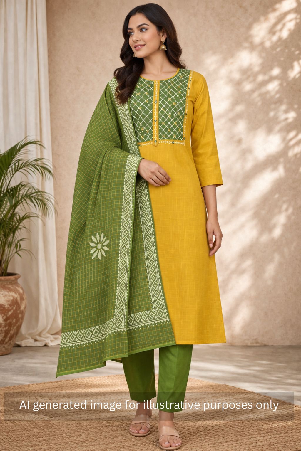 Geometric Printed Dress Material with block printed dupatta.(Mustard)