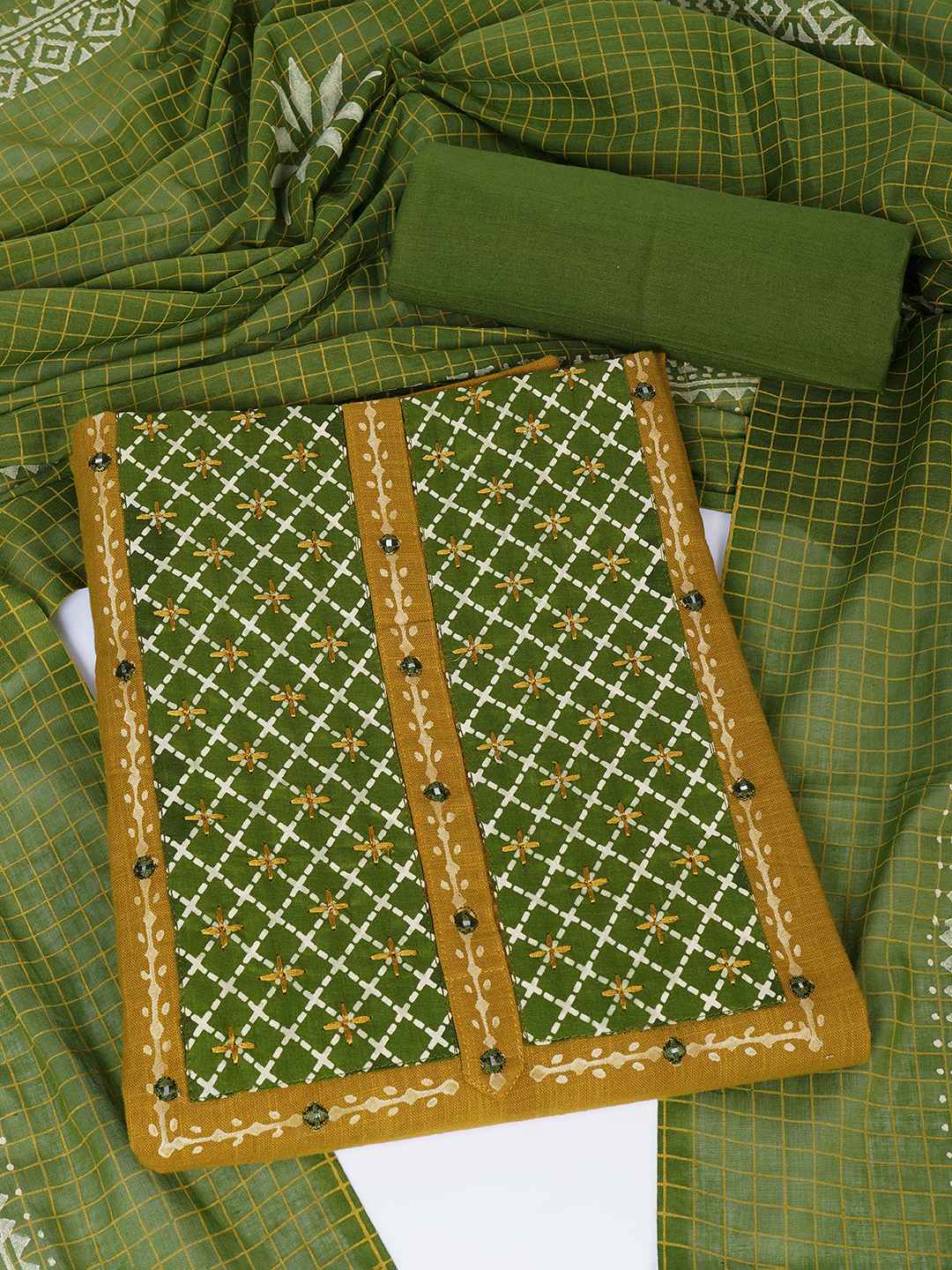 Geometric Printed Dress Material with block printed dupatta.(Mustard)