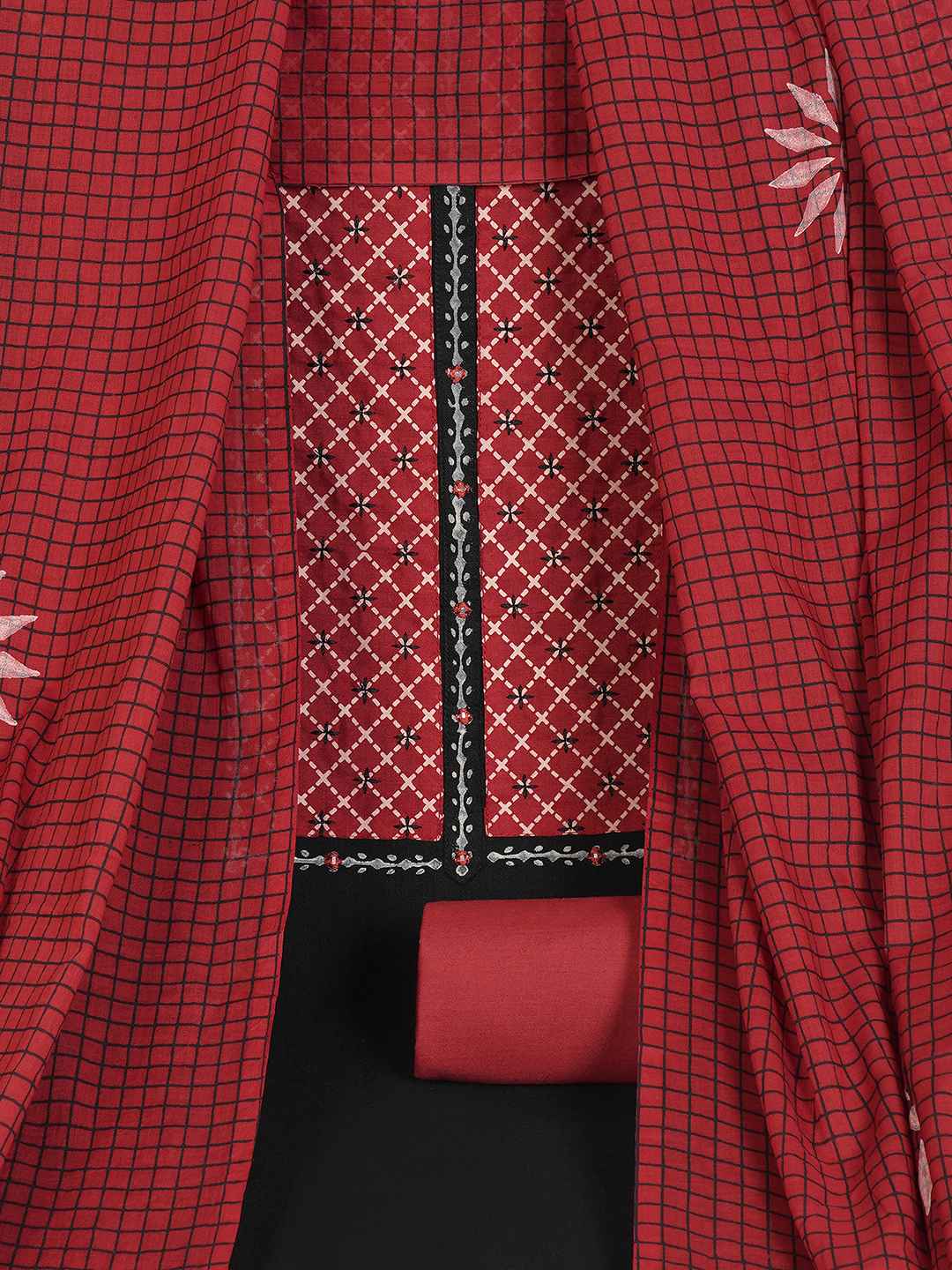 Geometric Printed Dress Material with block printed dupatta.(Black)