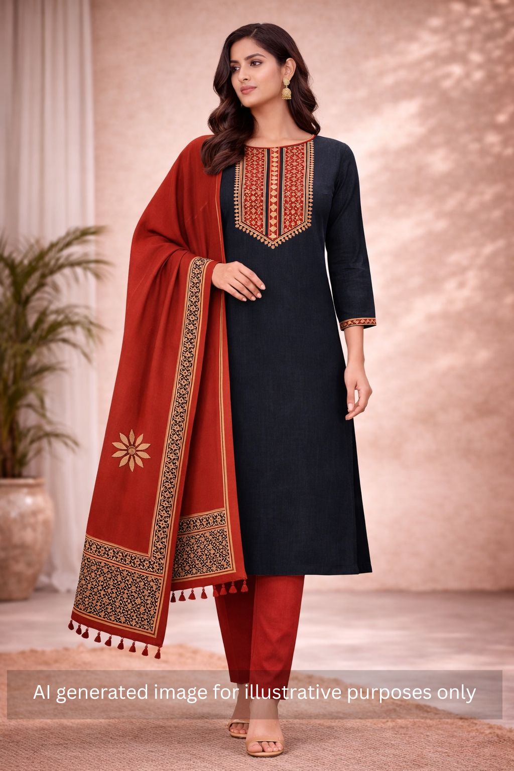 Handblock Printed Dress Material with a geometric patterned dupatta.(Blue)
