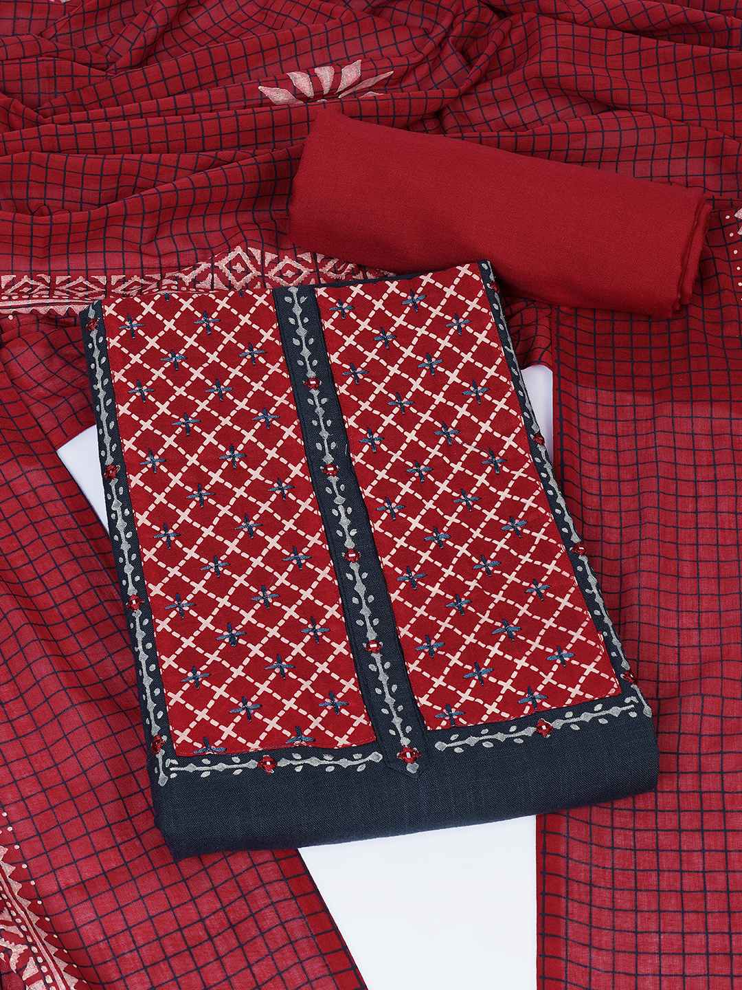 Geometric Printed Dress Material with block printed dupatta.(Blue)