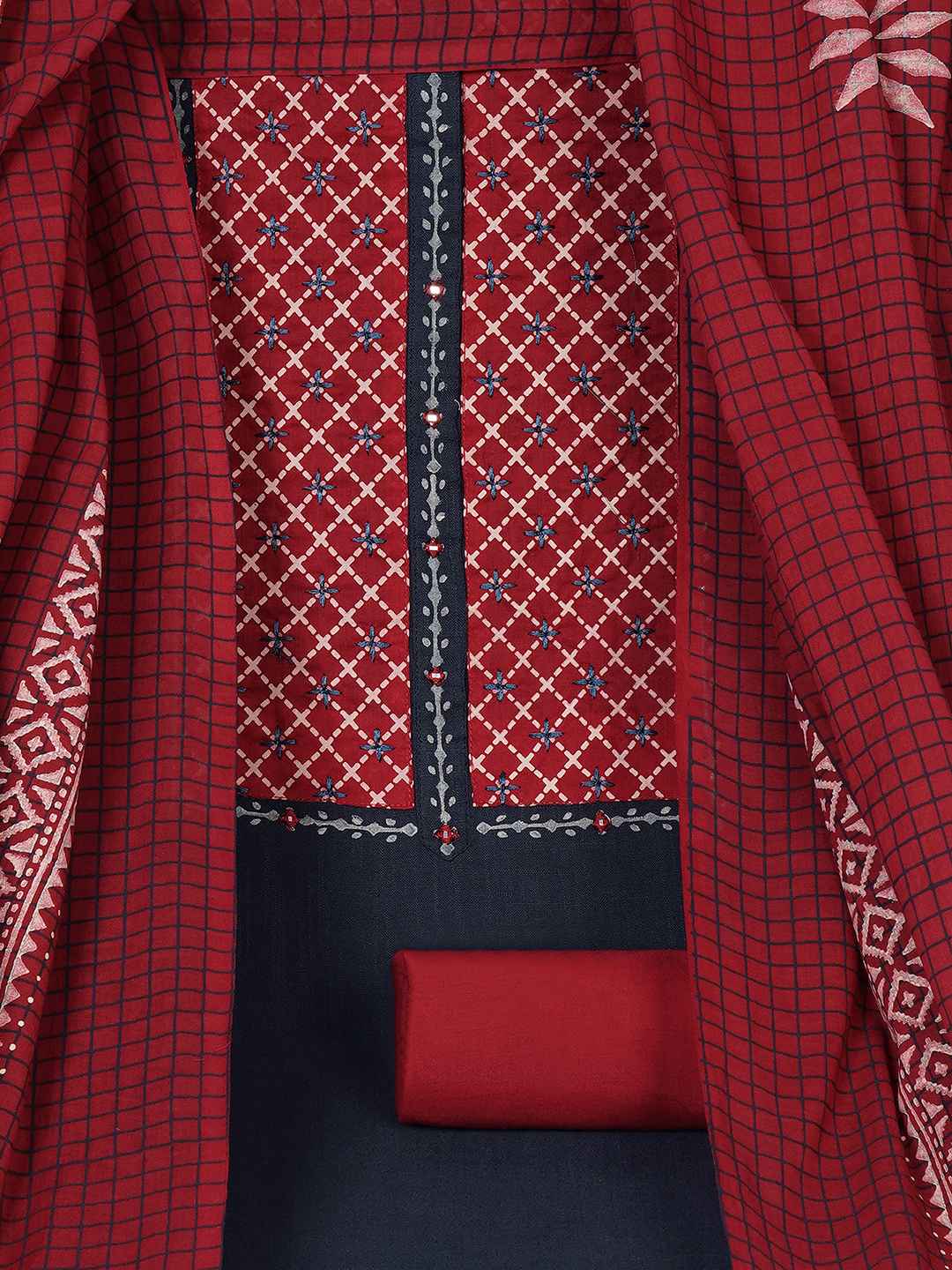 Geometric Printed Dress Material with block printed dupatta.(Blue)