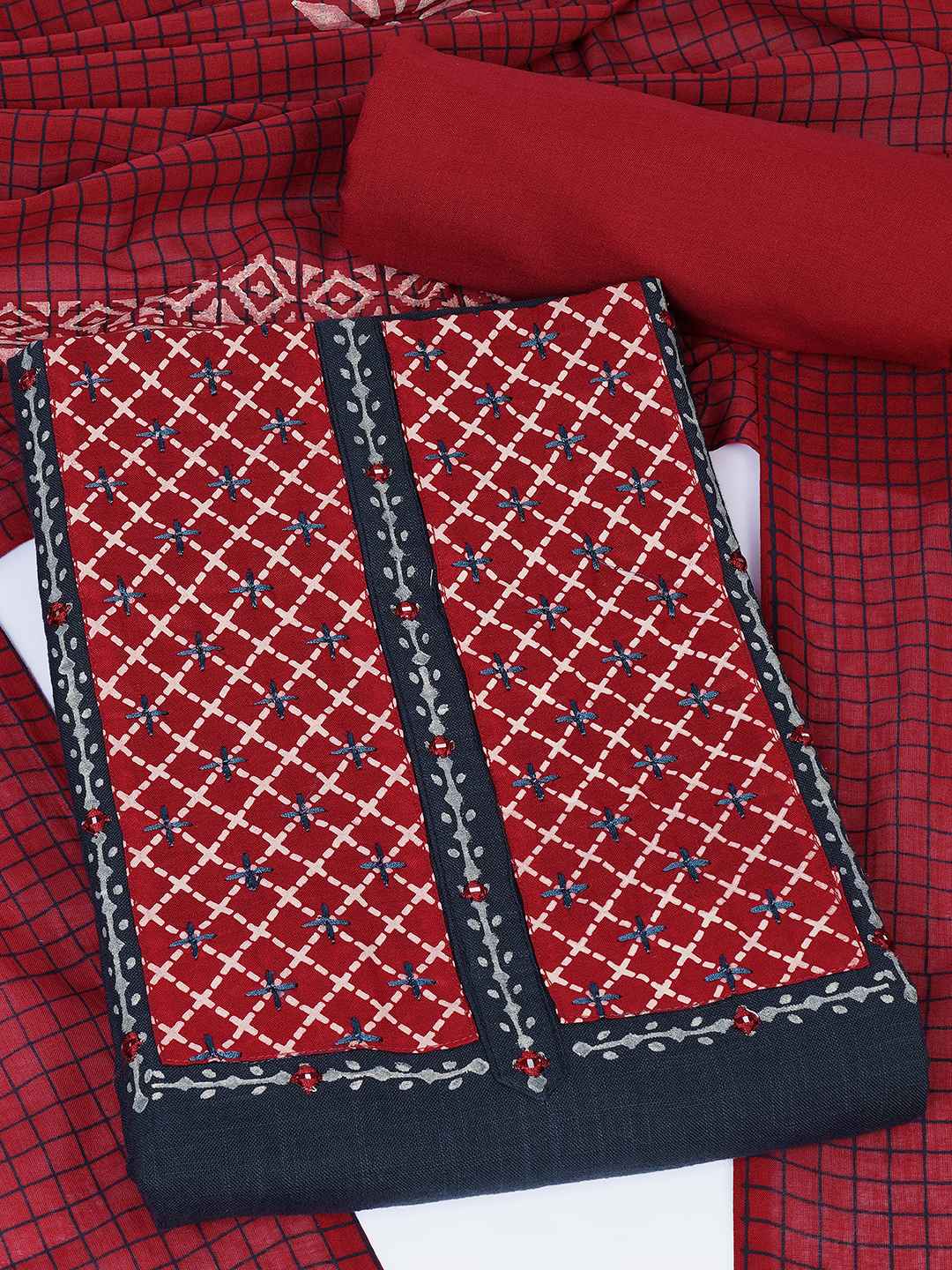 Geometric Printed Dress Material with block printed dupatta.(Blue)