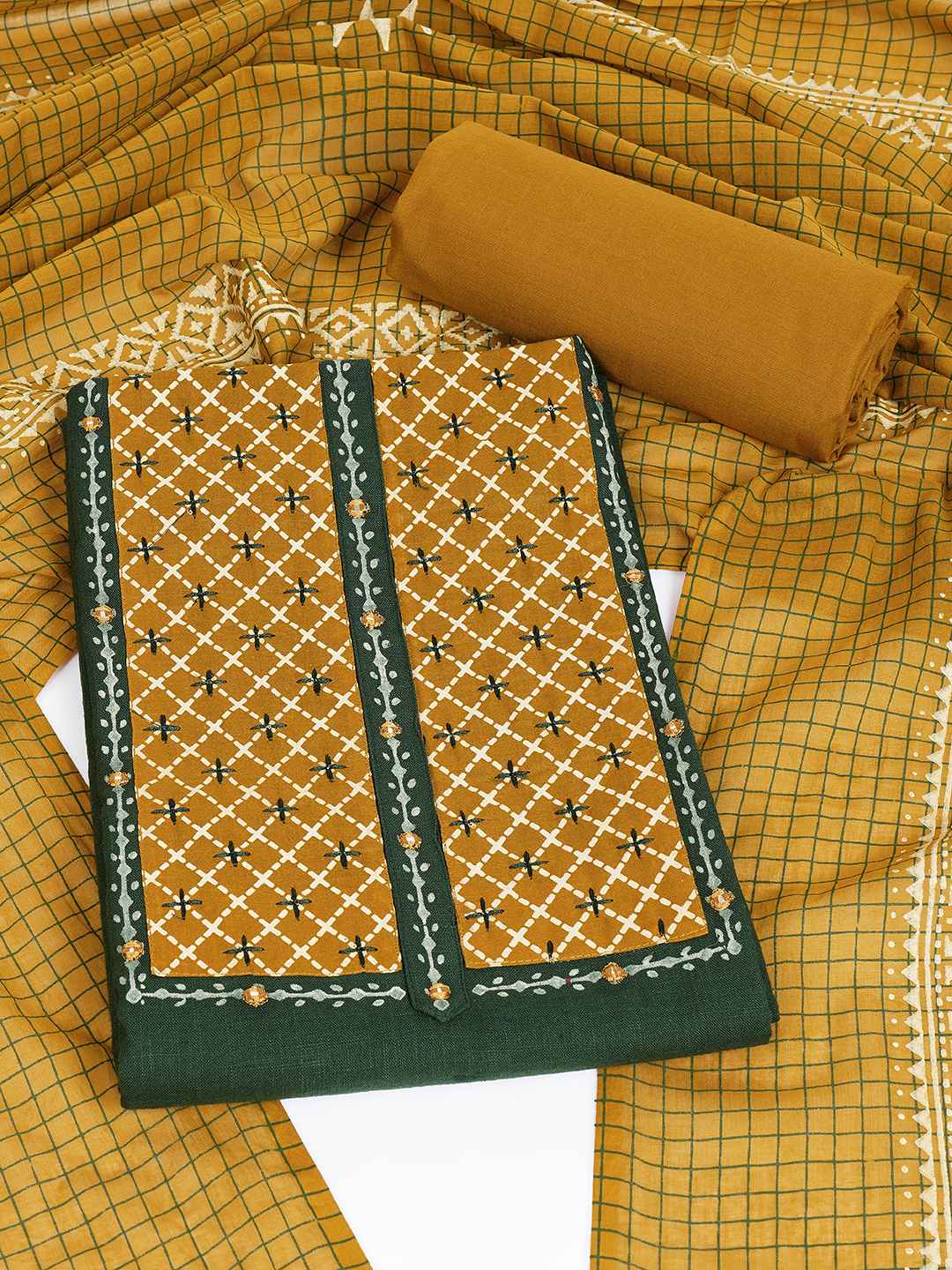 Geometric Printed Dress Material with block printed dupatta.(Green)