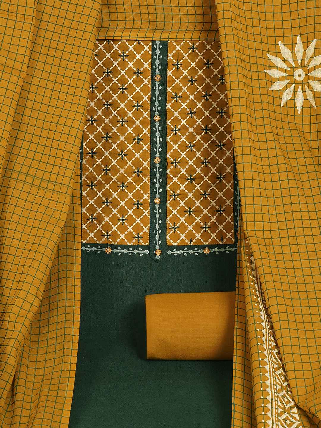 Geometric Printed Dress Material with block printed dupatta.(Green)