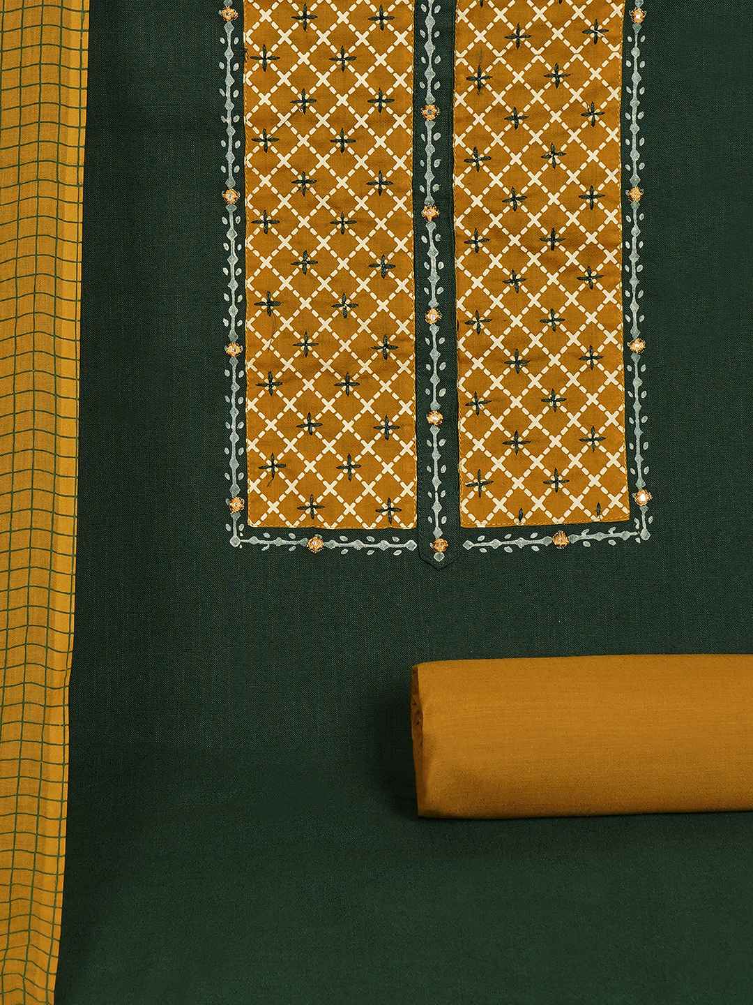 Geometric Printed Dress Material with block printed dupatta.(Green)