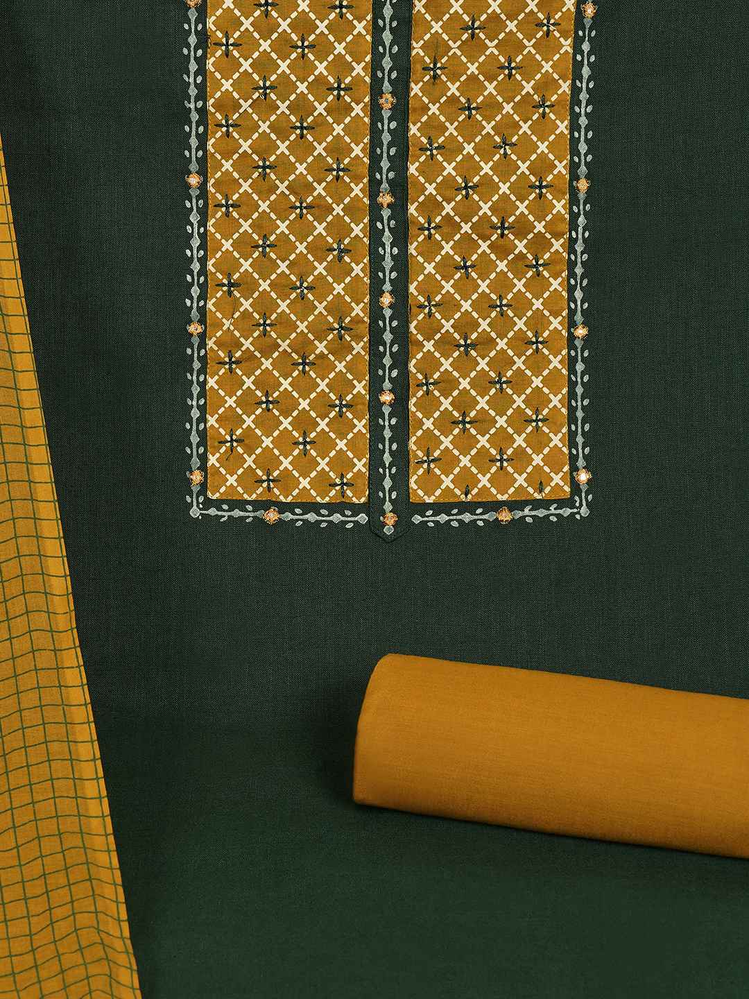 Geometric Printed Dress Material with block printed dupatta.(Green)