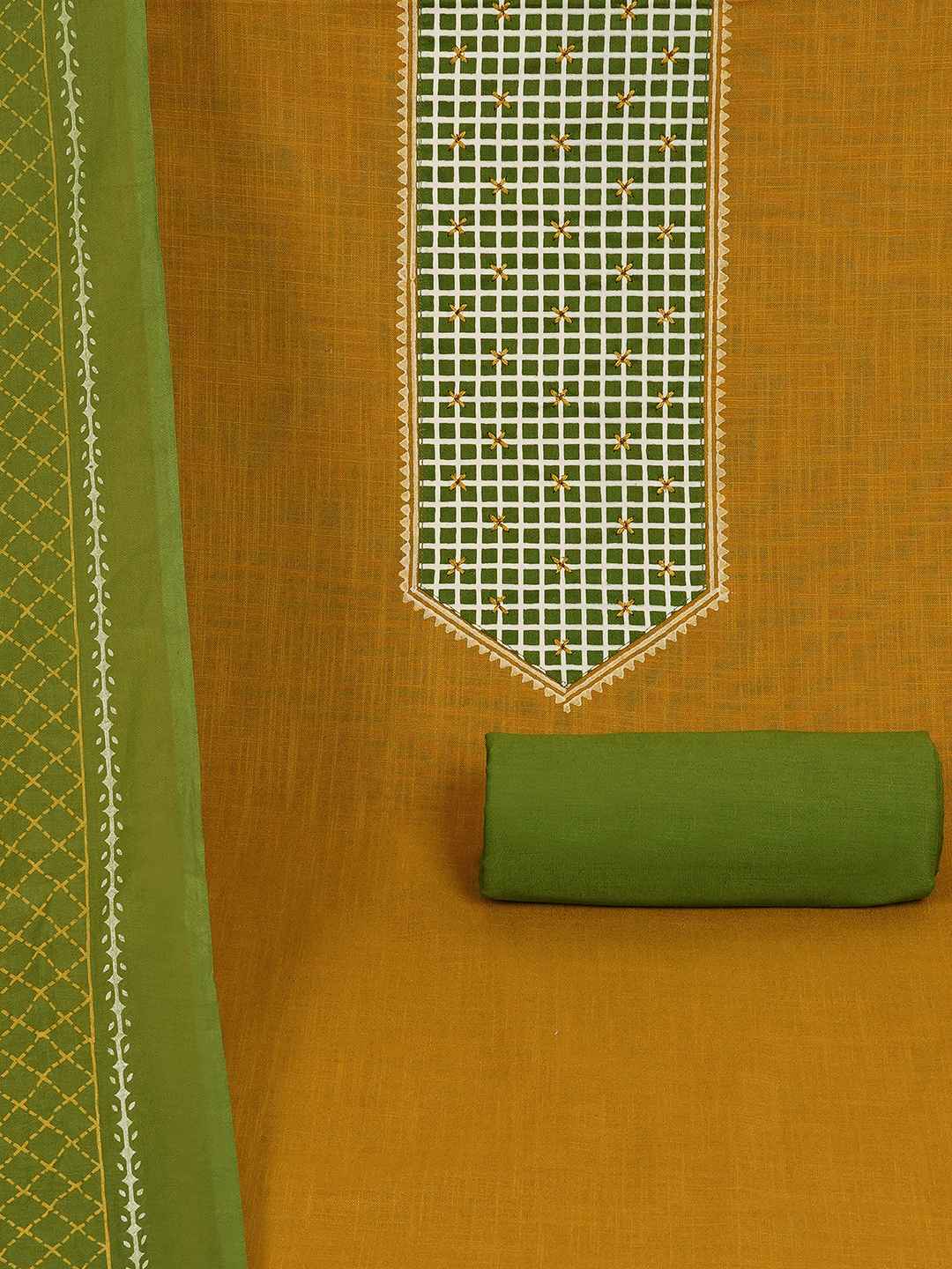 Handblock Printed Dress Material with a geometric patterned dupatta.(Mustard)
