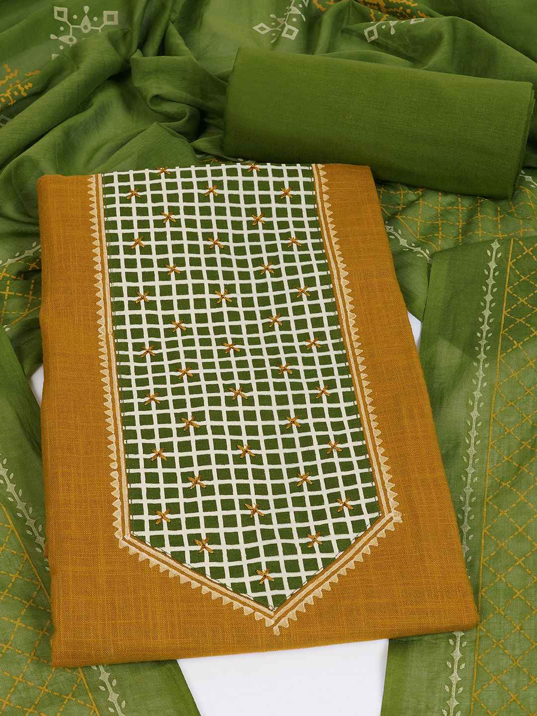Handblock Printed Dress Material with a geometric patterned dupatta.(Mustard)