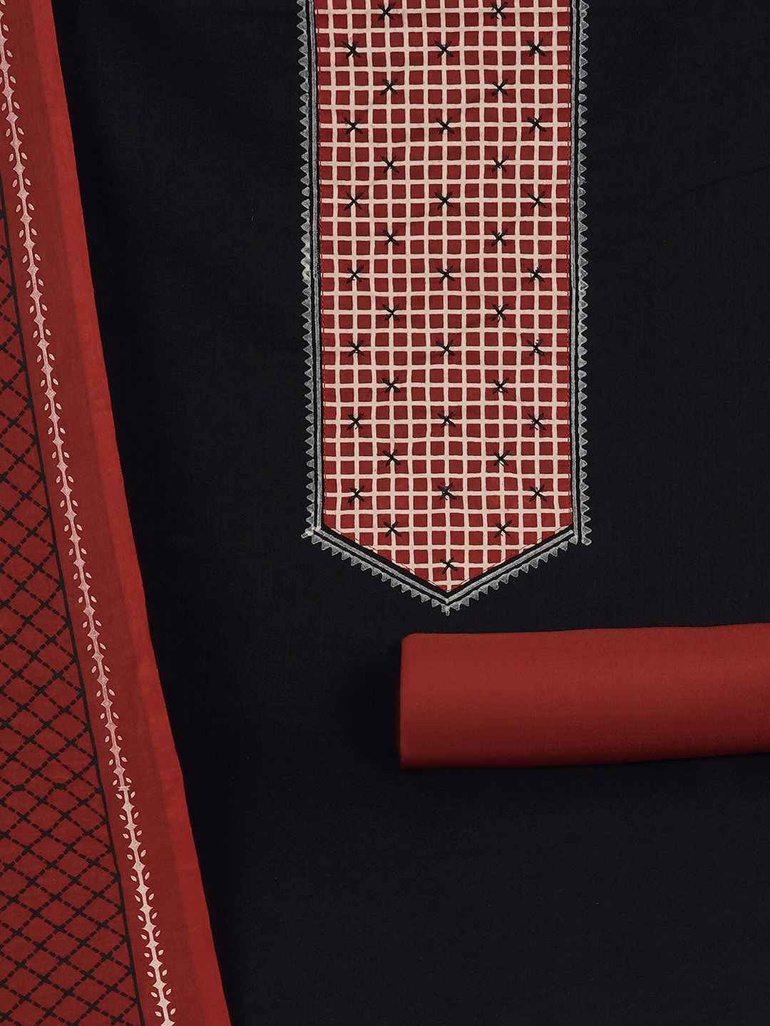 Handblock Printed Dress Material with a geometric patterned dupatta.(Black)