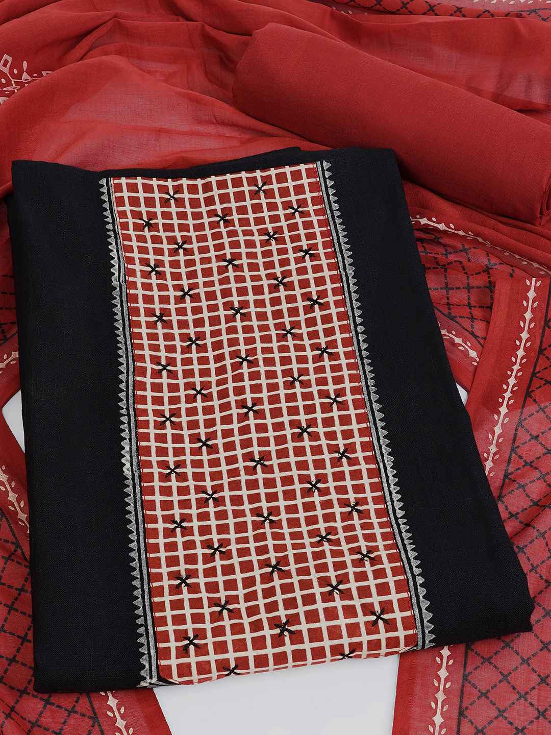 Handblock Printed Dress Material with a geometric patterned dupatta.(Black)