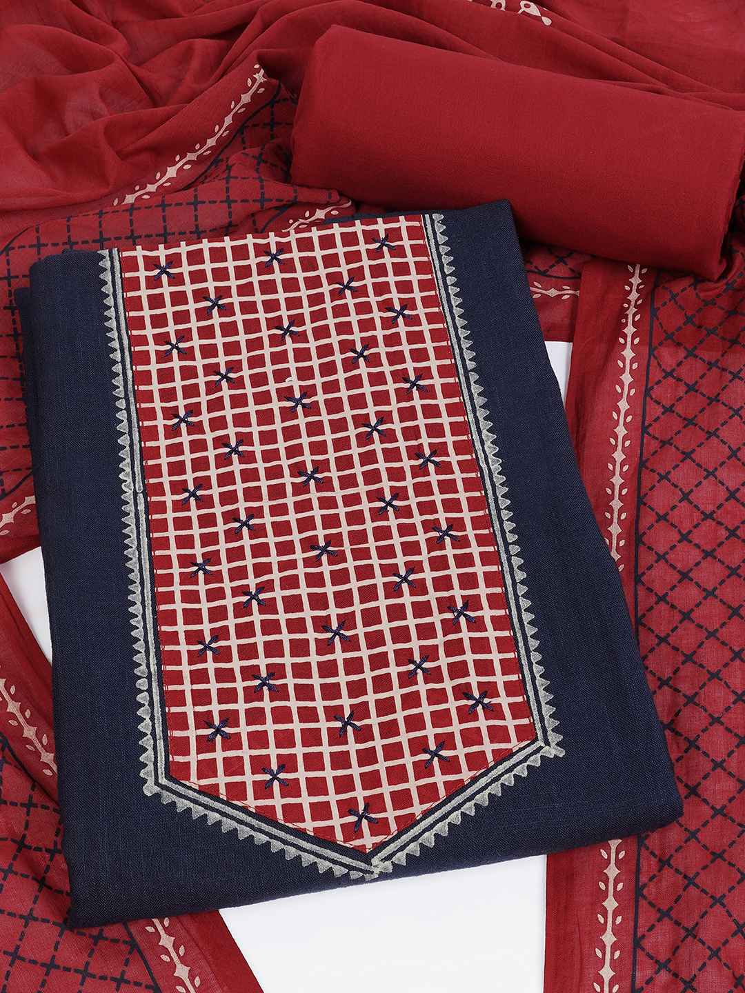 Handblock Printed Dress Material with a geometric patterned dupatta.(Blue)