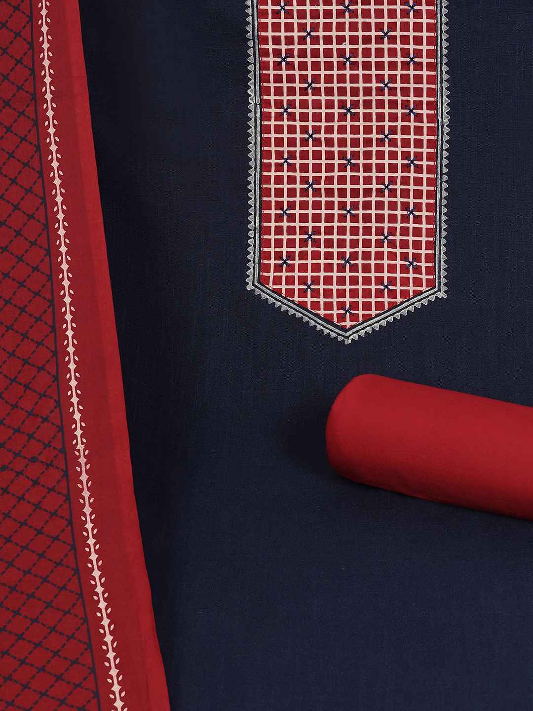 Handblock Printed Dress Material with a geometric patterned dupatta.(Blue)