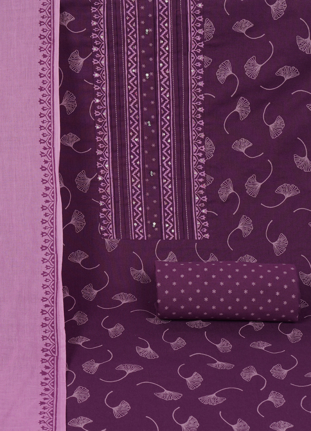 Elegant Purple Printed Cotton Unstitched Dress Material Set with Matching Dupatta & Bottom.